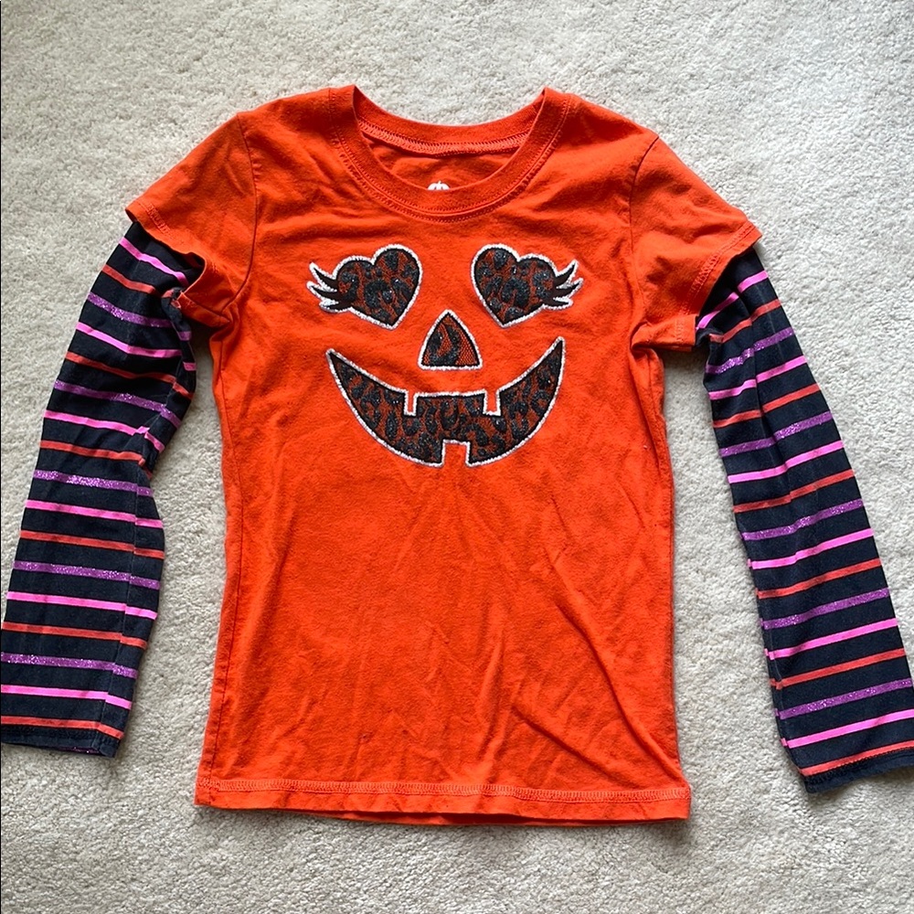 Orange Pumpkin Face Jack-o-lantern Halloween Long Sleeve Shirt Girls Size Small